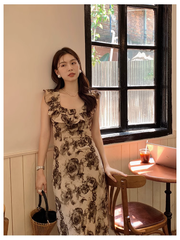 Neues Retro-Kleid mit Rundhalsausschnitt und Rüschendruck