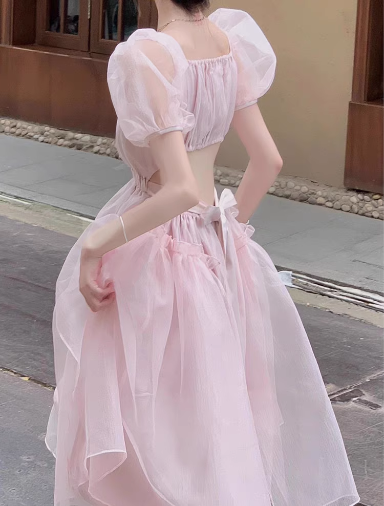 Pink backless dress summer puff sleeve long dress