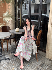 Retro oil painting printed suspender dress in summer