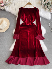 Autumn and winter trumpet long-sleeved V-neck mid-length red velvet dress Christmas annual party dress