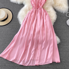 Pink V Neck Backless Summer Dress
