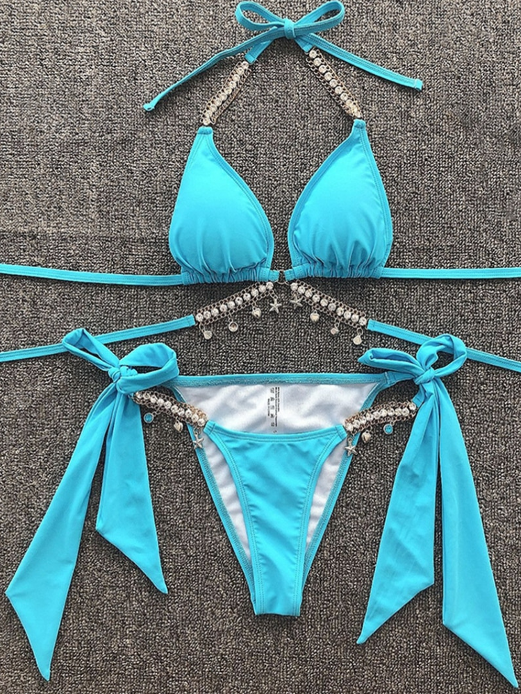 Conjunto de bikini push up con cuello halter y diamantes de cristal