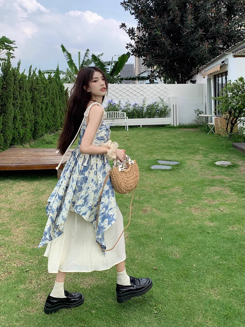 Oil painting floral suspender dress Women's summer stitching fake two piece skirt