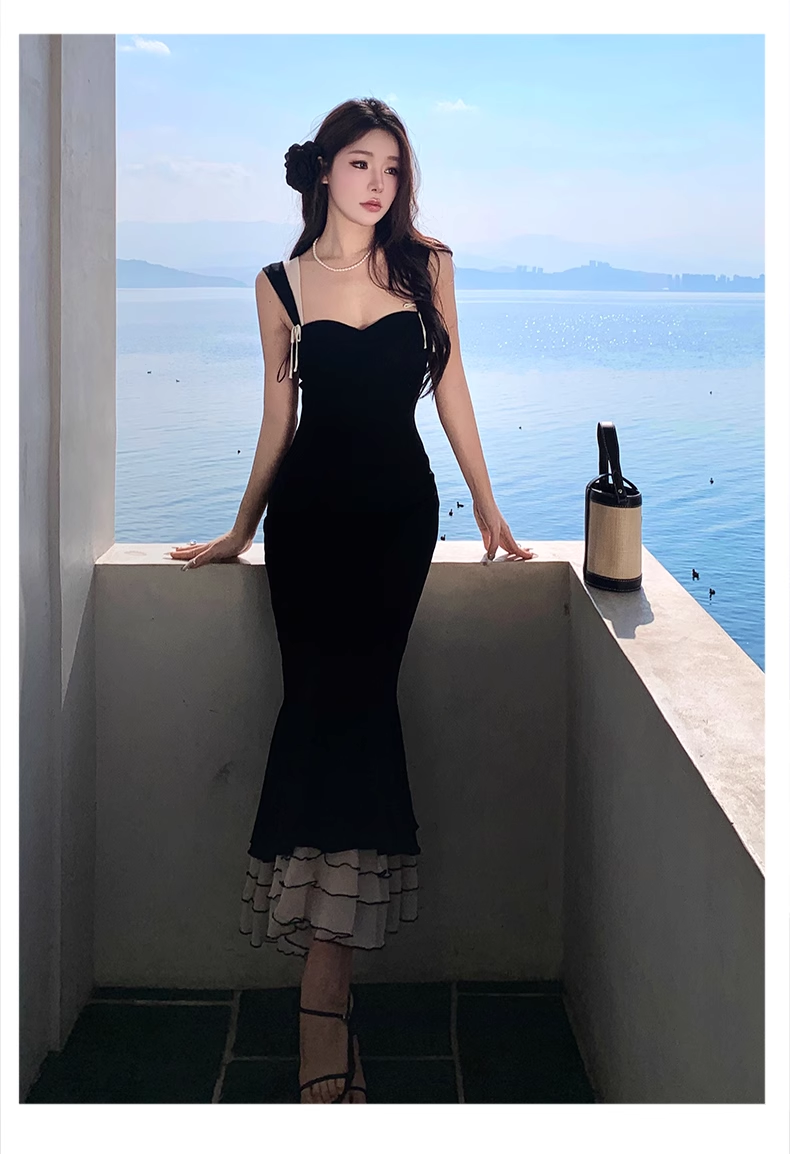 Black suspender backless mermaid dress