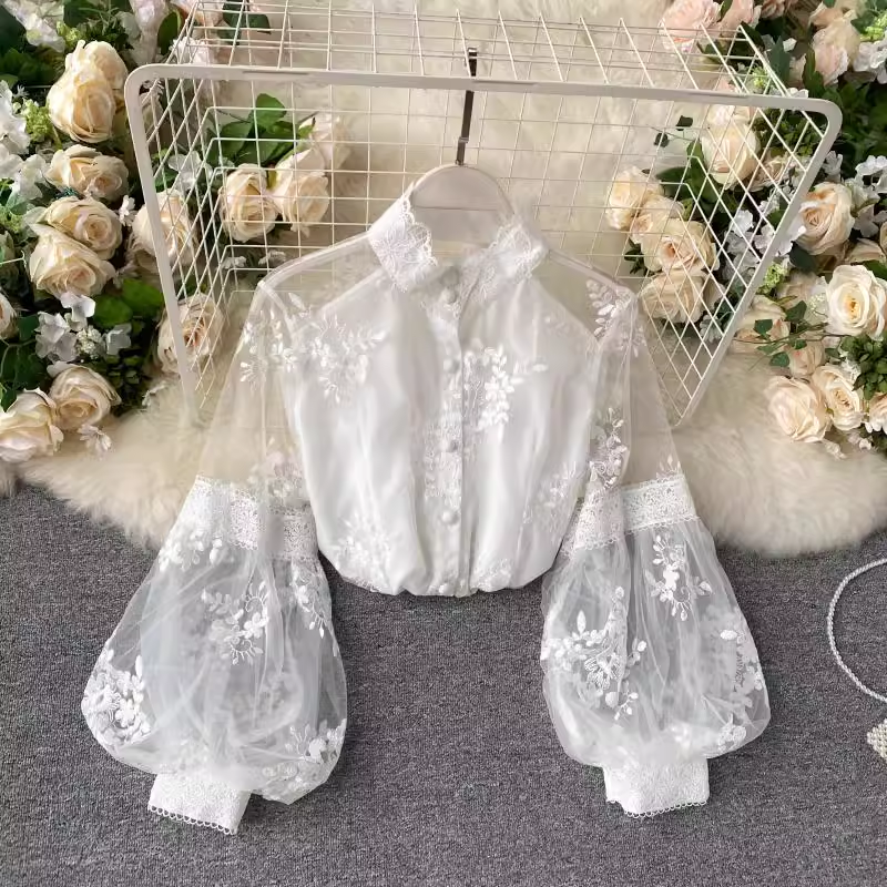 Mesh lace top Women's stand-up collar three-dimensional embroidery puff sleeve court style Lace blouses