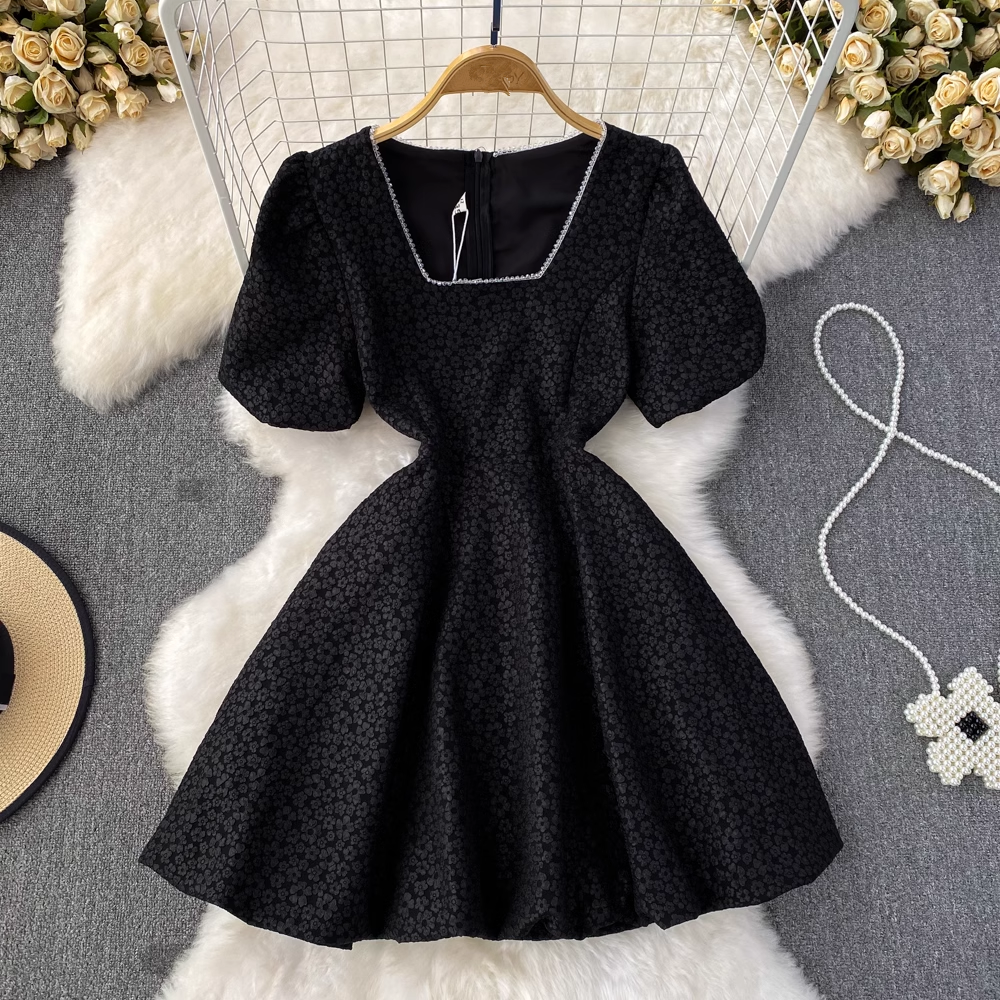 Bubble Short Sleeve Square Neck Short A-Line Puff Dress