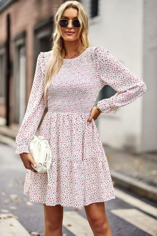 Round neck floral dress long-sleeved all-match A-line skirt