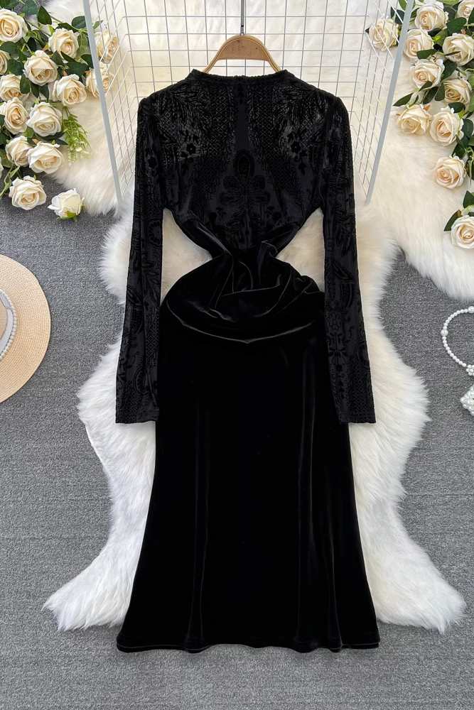 Black mid-length a-line velvet dress