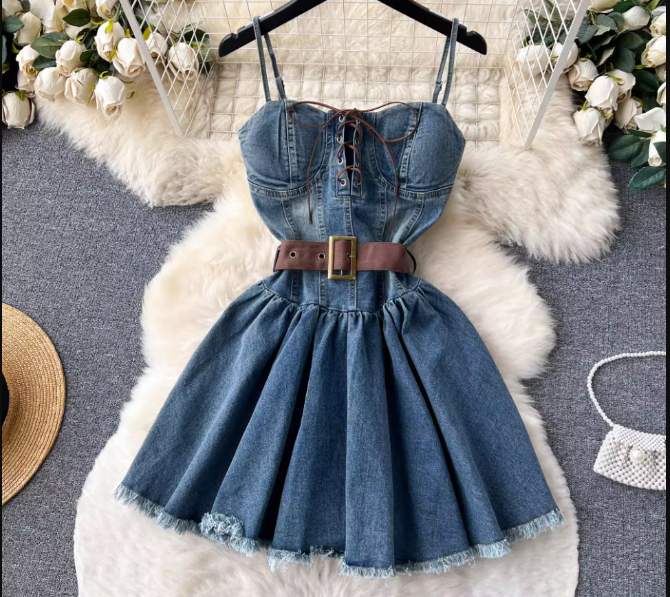 Retro Temperament Bandage Design Denim Dress