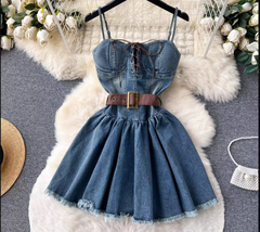 Retro Temperament Bandage Design Denim Dress