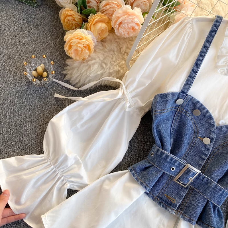 Retro Blouses Women's puff sleeve loose all-match denim camisole stacked two-piece suit