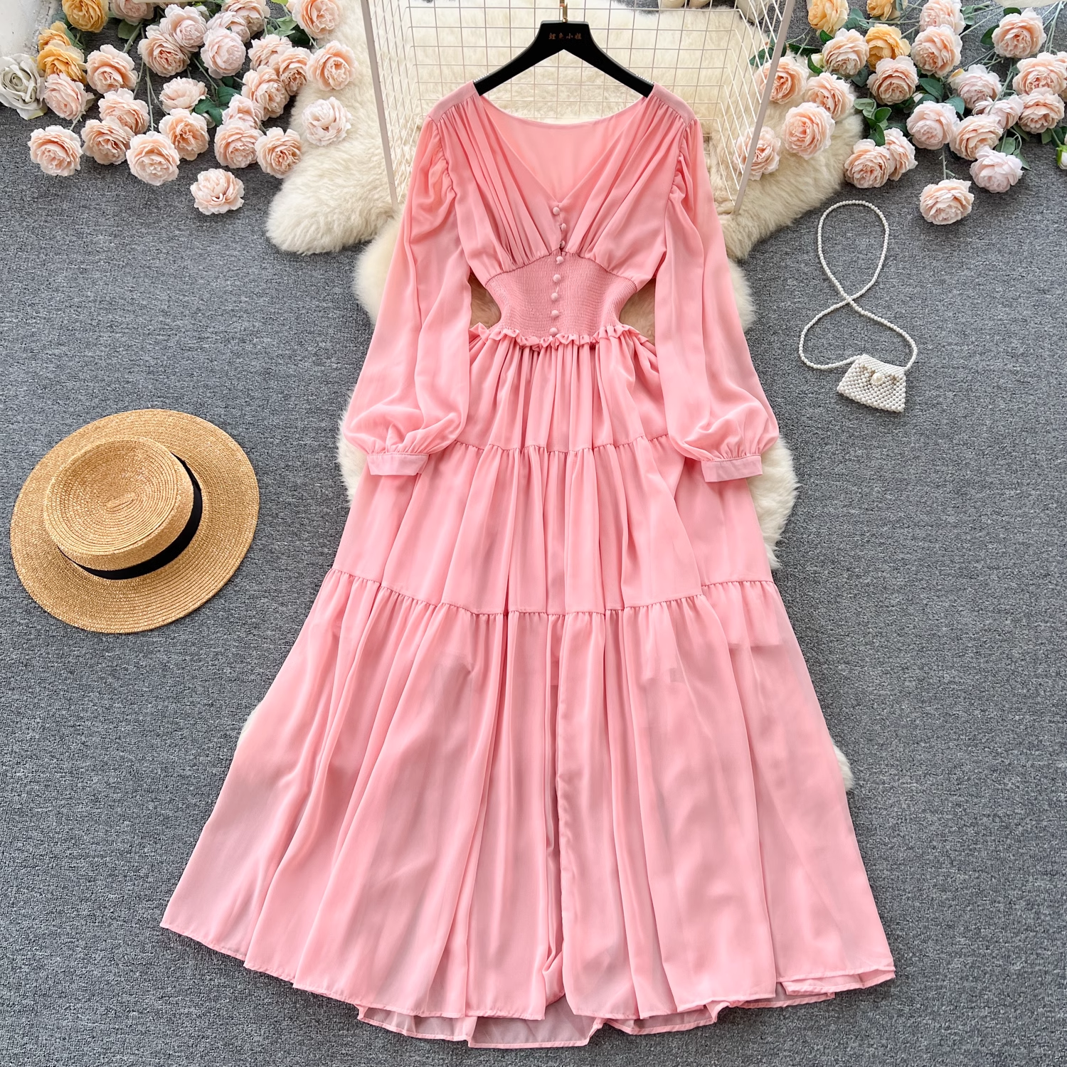 Elegant V-neck long-sleeved waist chiffon dress