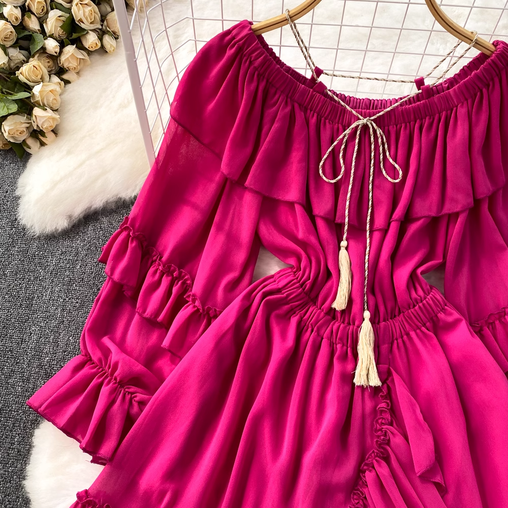 off-the-shoulder waistline slimming A-line dress with ruffles