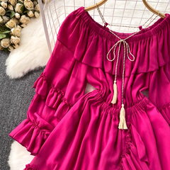 off-the-shoulder waistline slimming A-line dress with ruffles