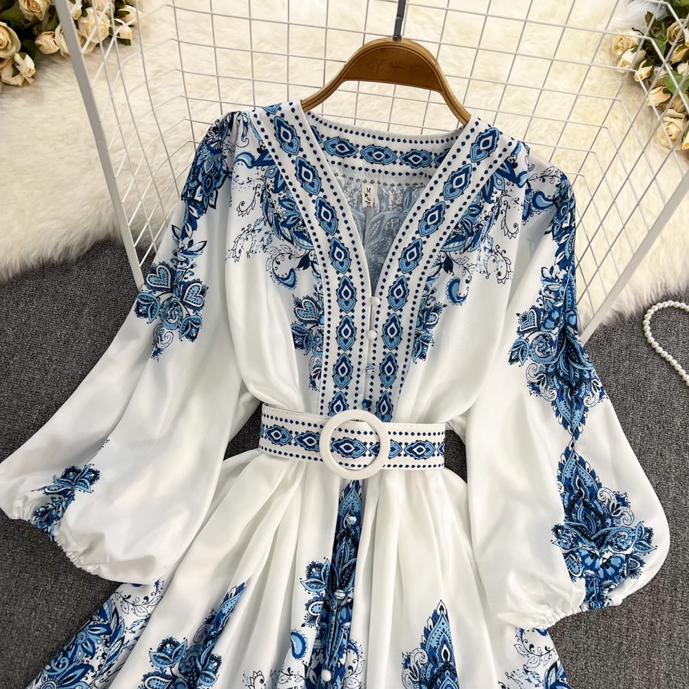 Printed Balloon Sleeve V-neck Dress