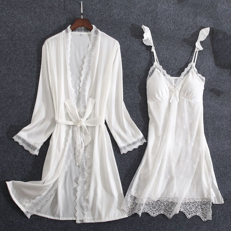 2 Pieces Faux Silk Embroidery Nightdress