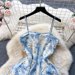 Französisches Retro-Ölgemälde mit Print, Hosenträgerkleid, Sommerkleid für Damen