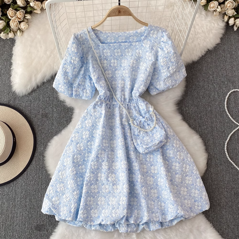 Retro Puff Sleeve Square Neck Mini Dress