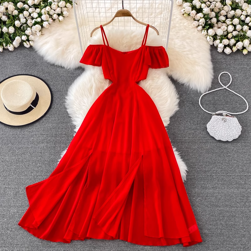 Red Off Shoulder Chiffon dress