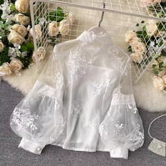 Mesh lace top Women's stand-up collar three-dimensional embroidery puff sleeve court style Lace blouses