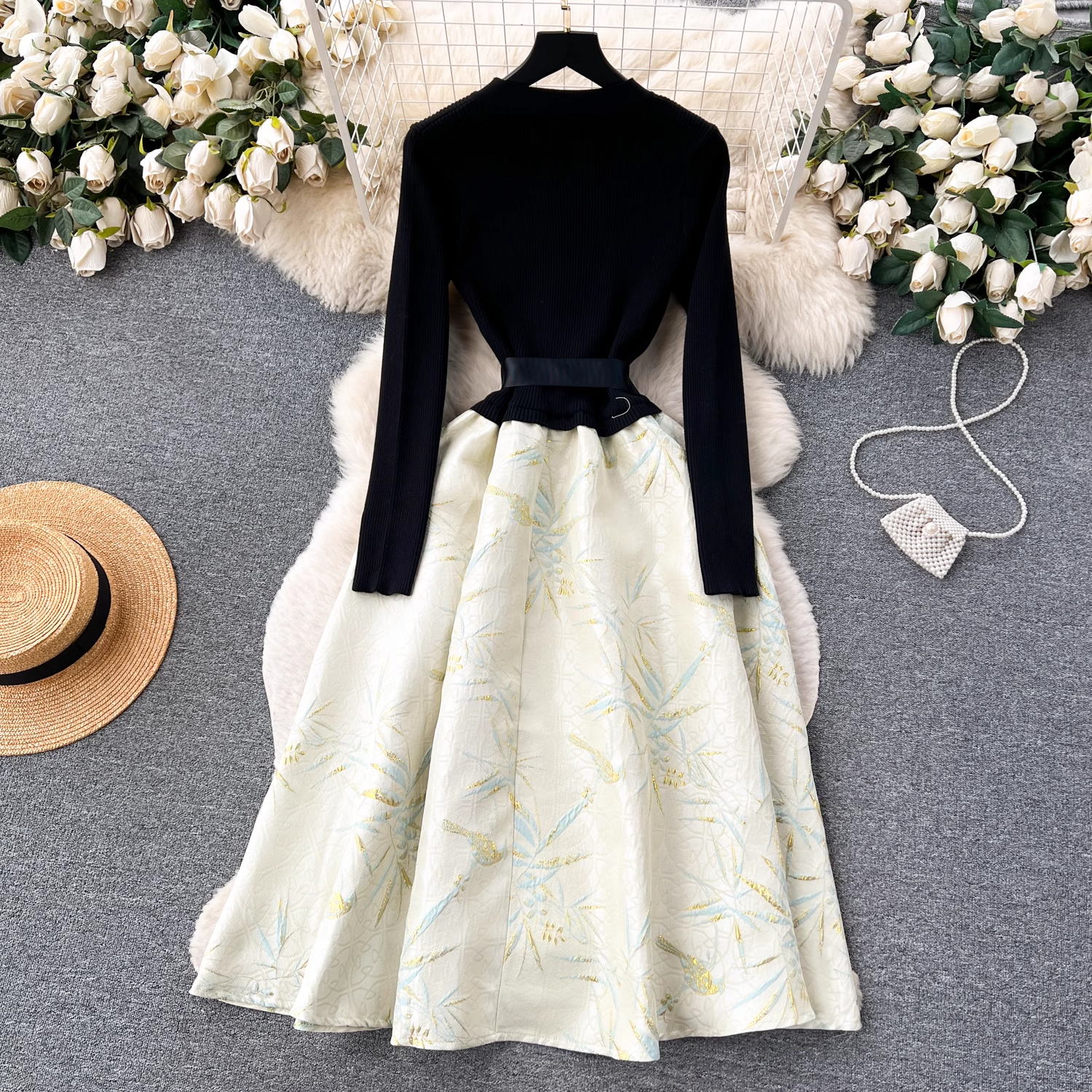 Autumn and winter knitted splicing jacquard puffy dress