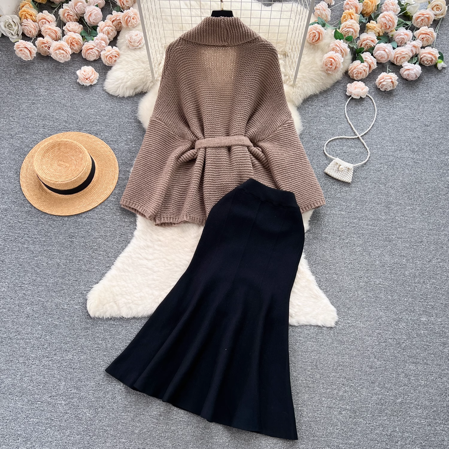 Elegant sweater jacket versatile fishtail skirt two-piece trendy setblack dress