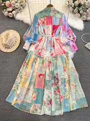 Langärmliges Kleid mit Stehkragen und A-Linien-Print im Retro-Stil im Laternen-Stil