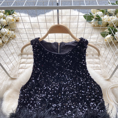Round neck sleeveless sequined glitter vest furry patchwork short top