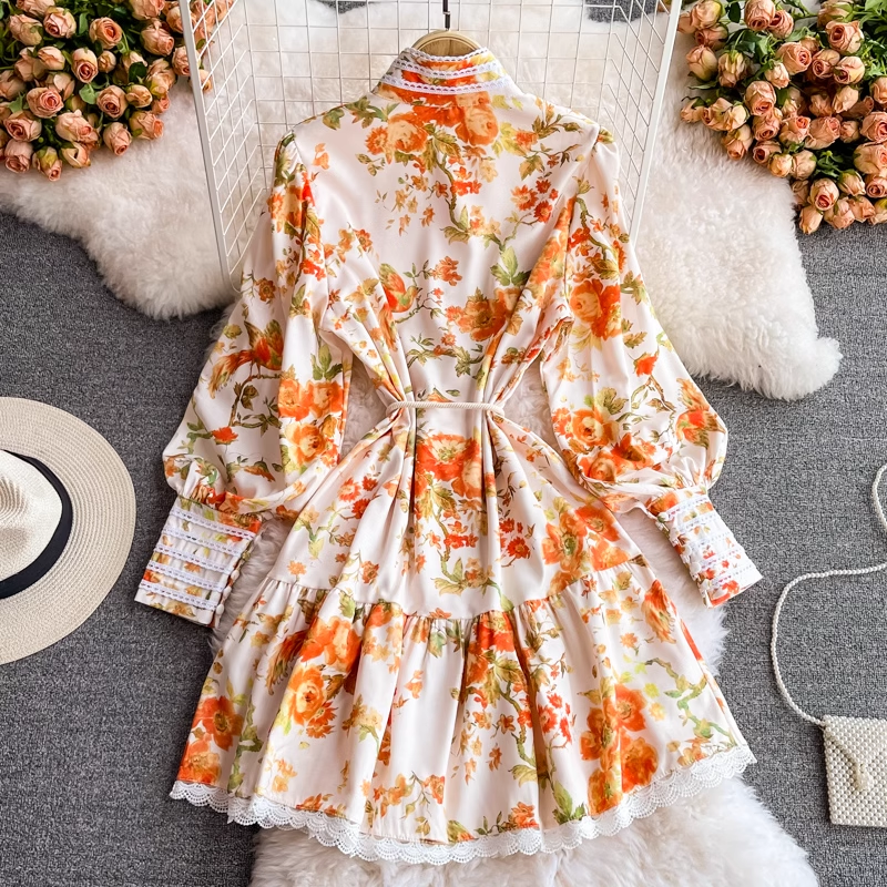 Retro court style lantern sleeve tassel belt waist print dress