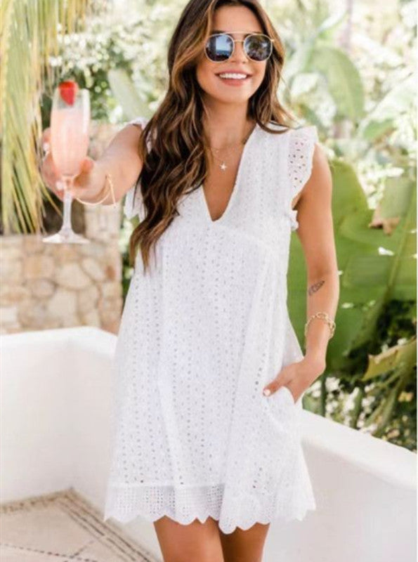 European and American lace stitching hollow V-neck dress