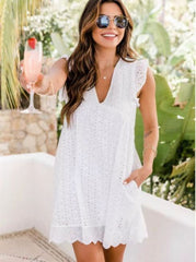 European and American lace stitching hollow V-neck dress