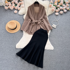 Elegant sweater jacket versatile fishtail skirt two-piece trendy setblack dress