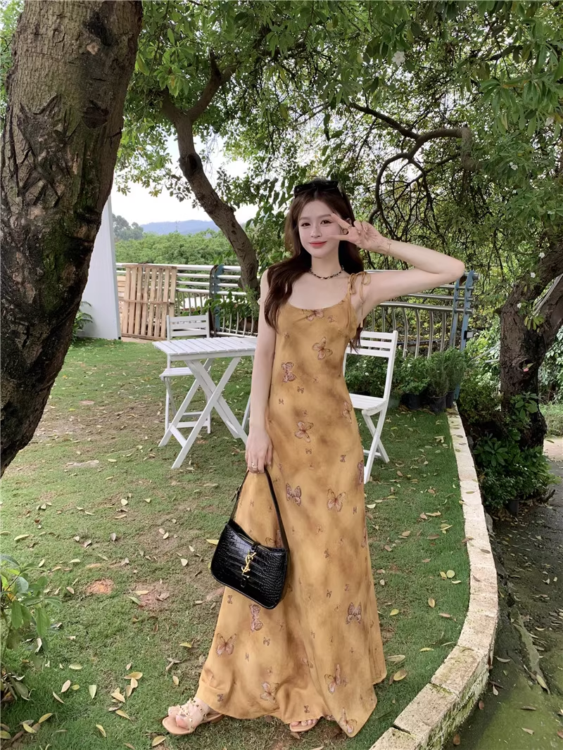 Women's summer oil painting printed suspender dress