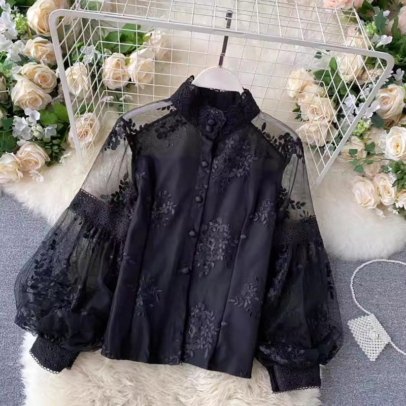 Mesh lace top Women's stand-up collar three-dimensional embroidery puff sleeve court style Lace blouses