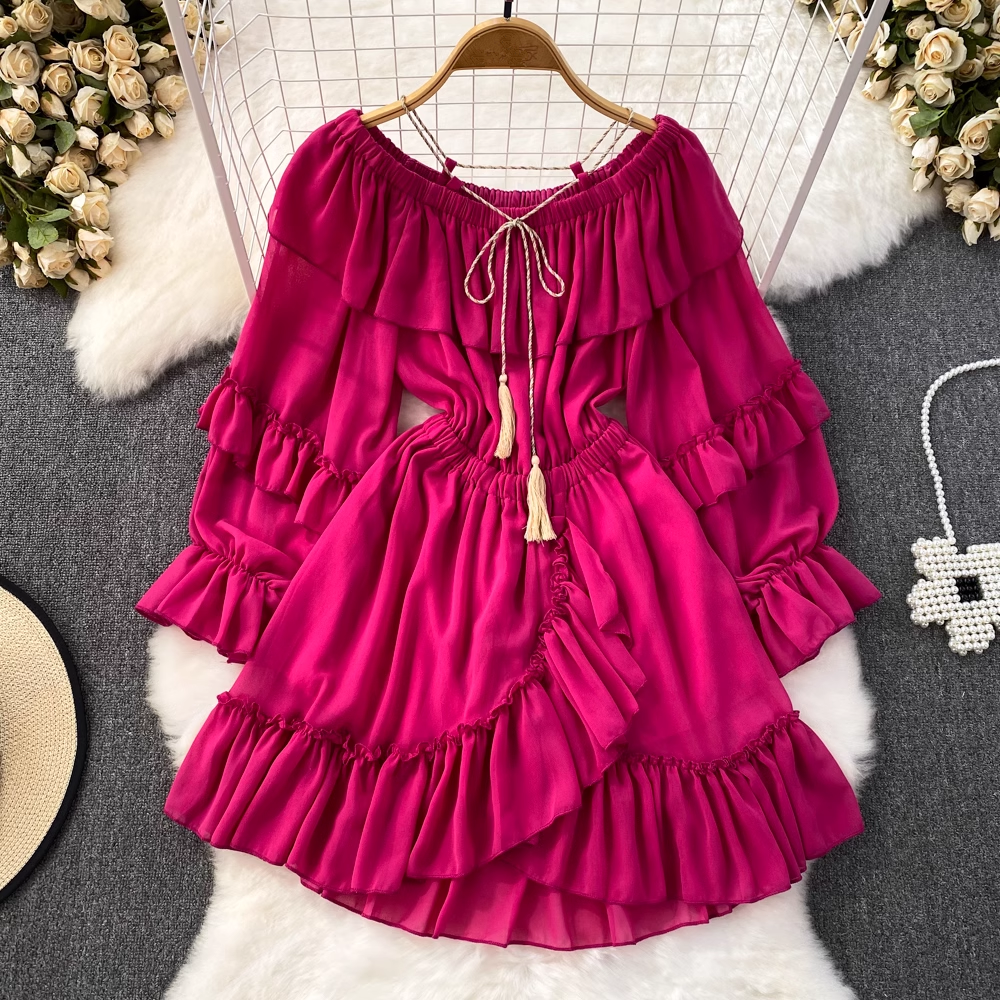 off-the-shoulder waistline slimming A-line dress with ruffles