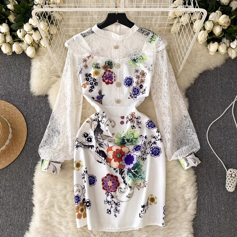 Elegant lace mosaic long sleeve printed dress