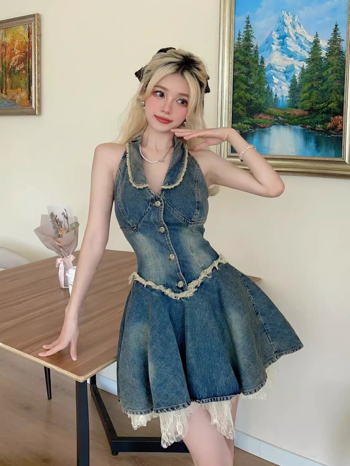Retro halter dress Women's denim dress