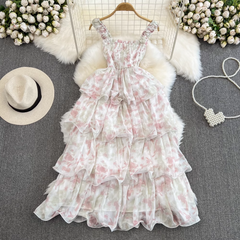 Beach holiday bow tie A-line floral chiffon dress