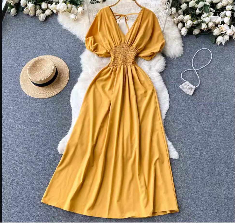 Pure color Puff Sleeves Maxi Dress