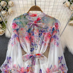 Langärmliges Kleid mit A-Linien-Print und Laterne-Schleife