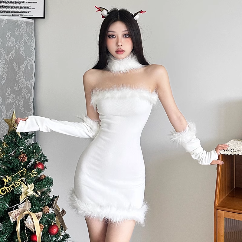 Christmas limited plush trim tube top dress