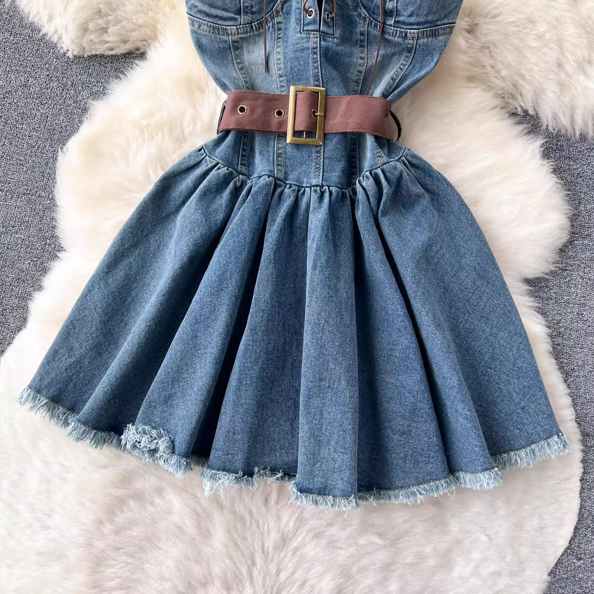 Retro Temperament Bandage Design Denim Dress