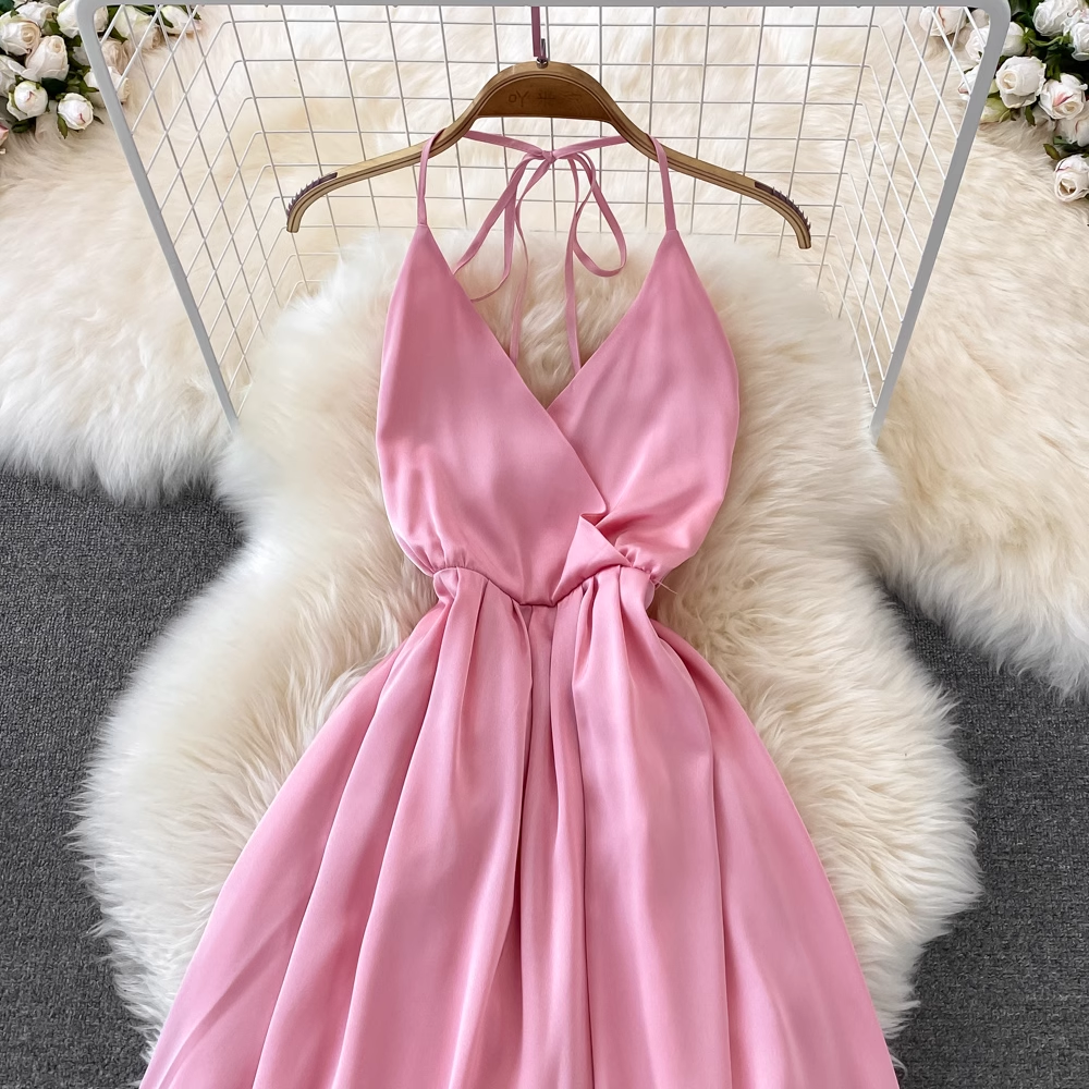 Pink V Neck Backless Summer Dress