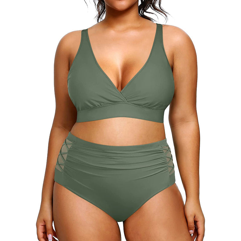 Super Stylish High Waisted V-Neck Elastic Closure Bikini For Women