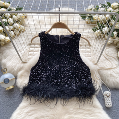 Round neck sleeveless sequined glitter vest furry patchwork short top