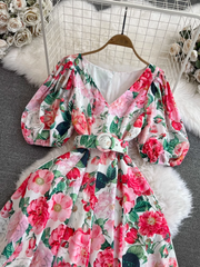 Puff short-sleeved V-neck waist A-line printed dress