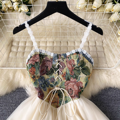 Französisches Retro-Stil Strapskleid Sommerrose bestickte Träger