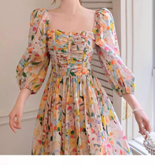 Retro Chic Floral Puff Sleeve Dress Summer