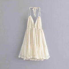 Rückenfreies Neckholder-Kleid mit tiefem Ausschnitt und Strapsen aus Netzstoff