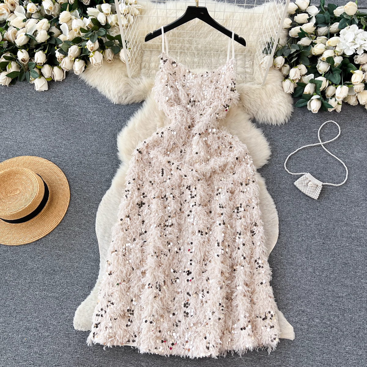 Furry fringed sequin dress